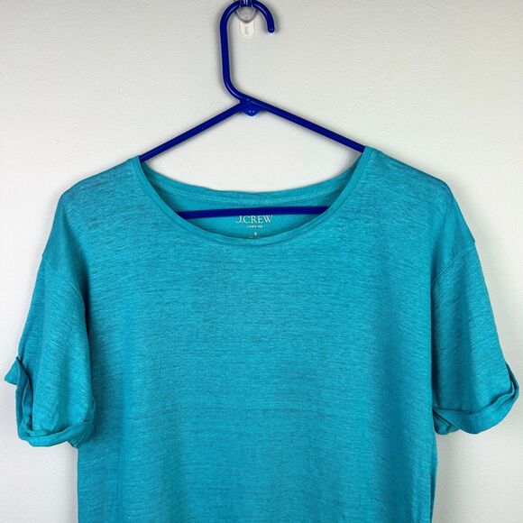 J.Crew 100% Linen Tee Shirt Turquoise Blue Short Cuffed Sleeves Breathable Top S - Picture 2 of 12